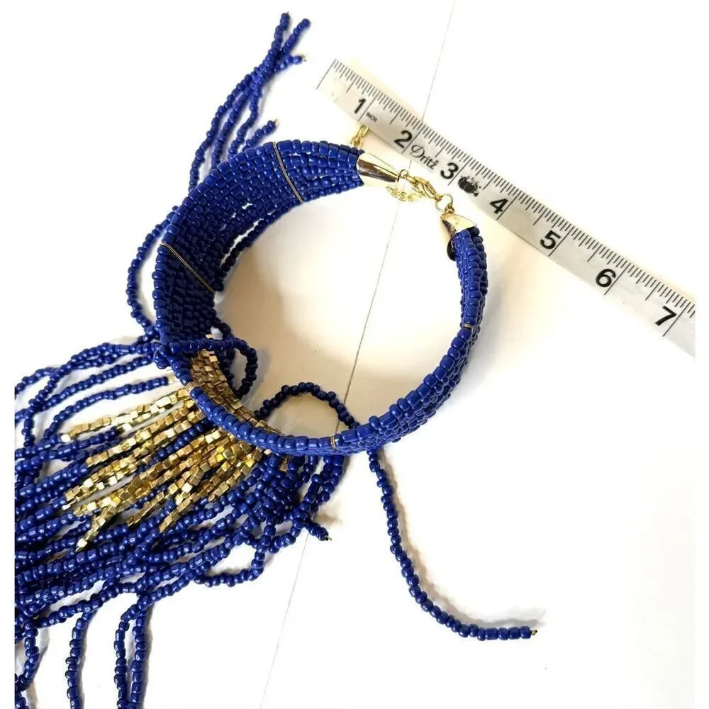 Belly Dance Blue Beaded Fringe Necklace Tribal Fusion Costume Jewelry Boho